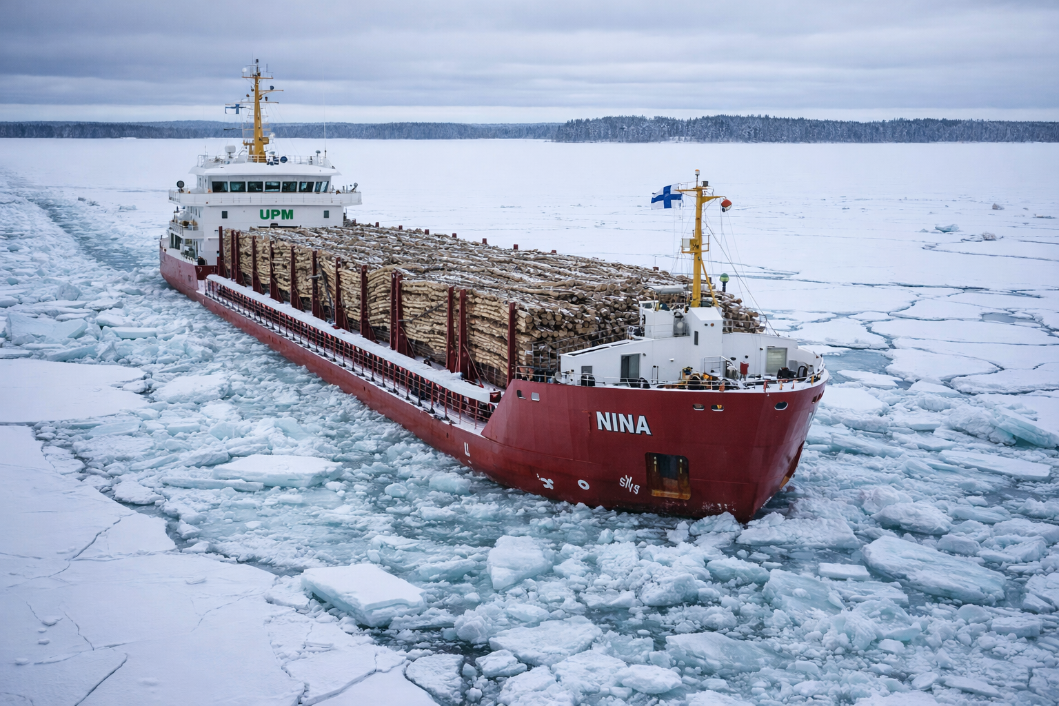 Грузовое судно с древесиной застряло во льдах на озере Саймаа в Финляндии